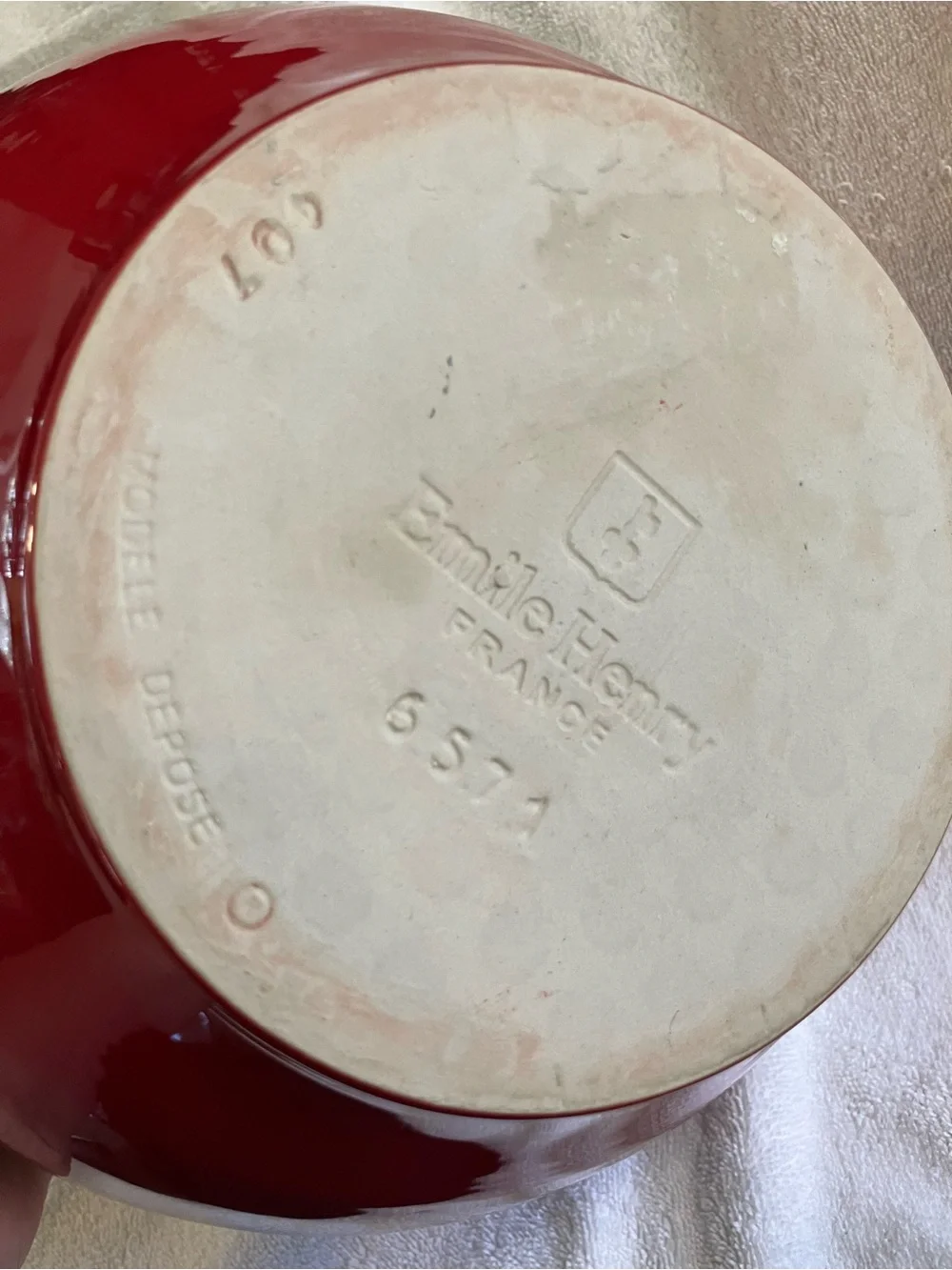 Vintage Emile Henry large red ceramic mixing bowl (model 6574), made in France